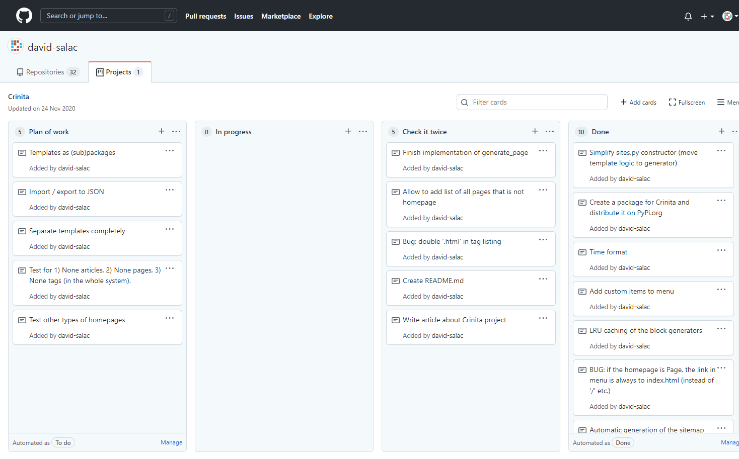 Figure 4: A concrete example of GitHub project board